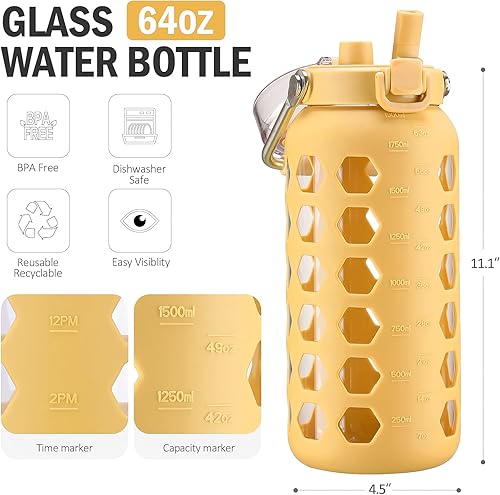 Miniatura 3 de MUKOKO Botellas de agua de vidrio de 64 onzas con popote y tapa, botella de agua de medio galón con marcador de tiempo, jarra de agua de vidrio