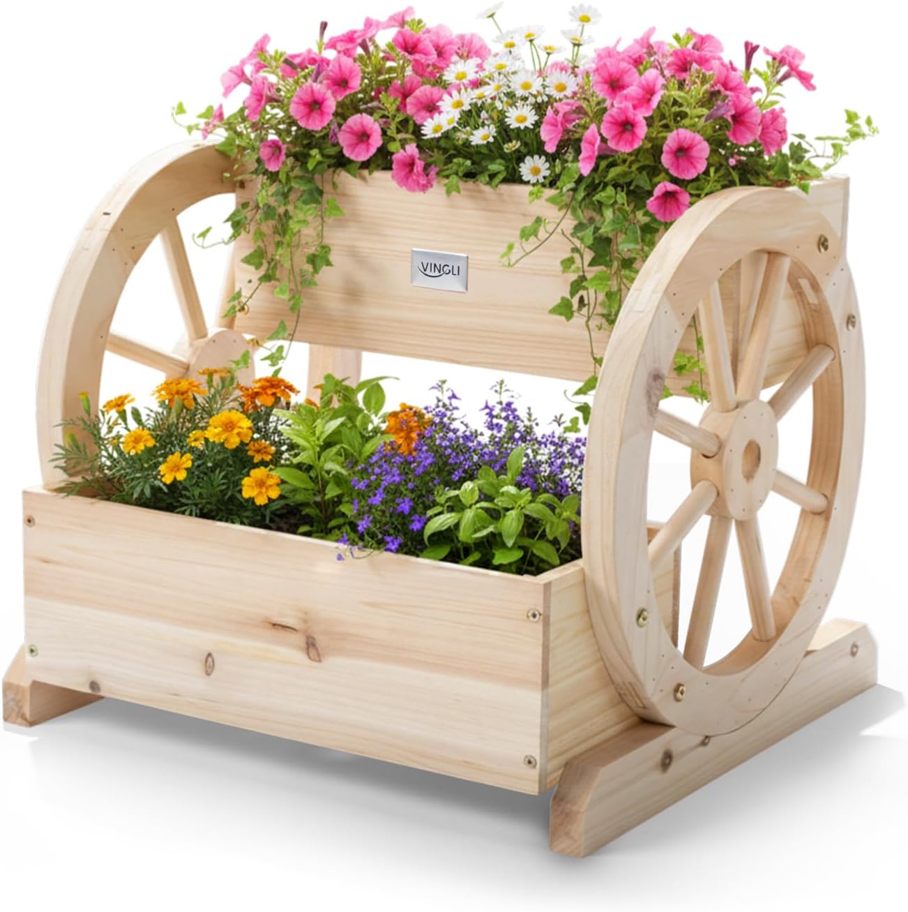VINGLI Cute Wooden Wagon Planter Box with Storage, Rustic Wheel Planter Decor for Flowers, Herbs, Vegetables - Patio, Balcony, Garden, Backyard - Indoor Outdoor Bench Cart 2 Tires (Natural Wood)