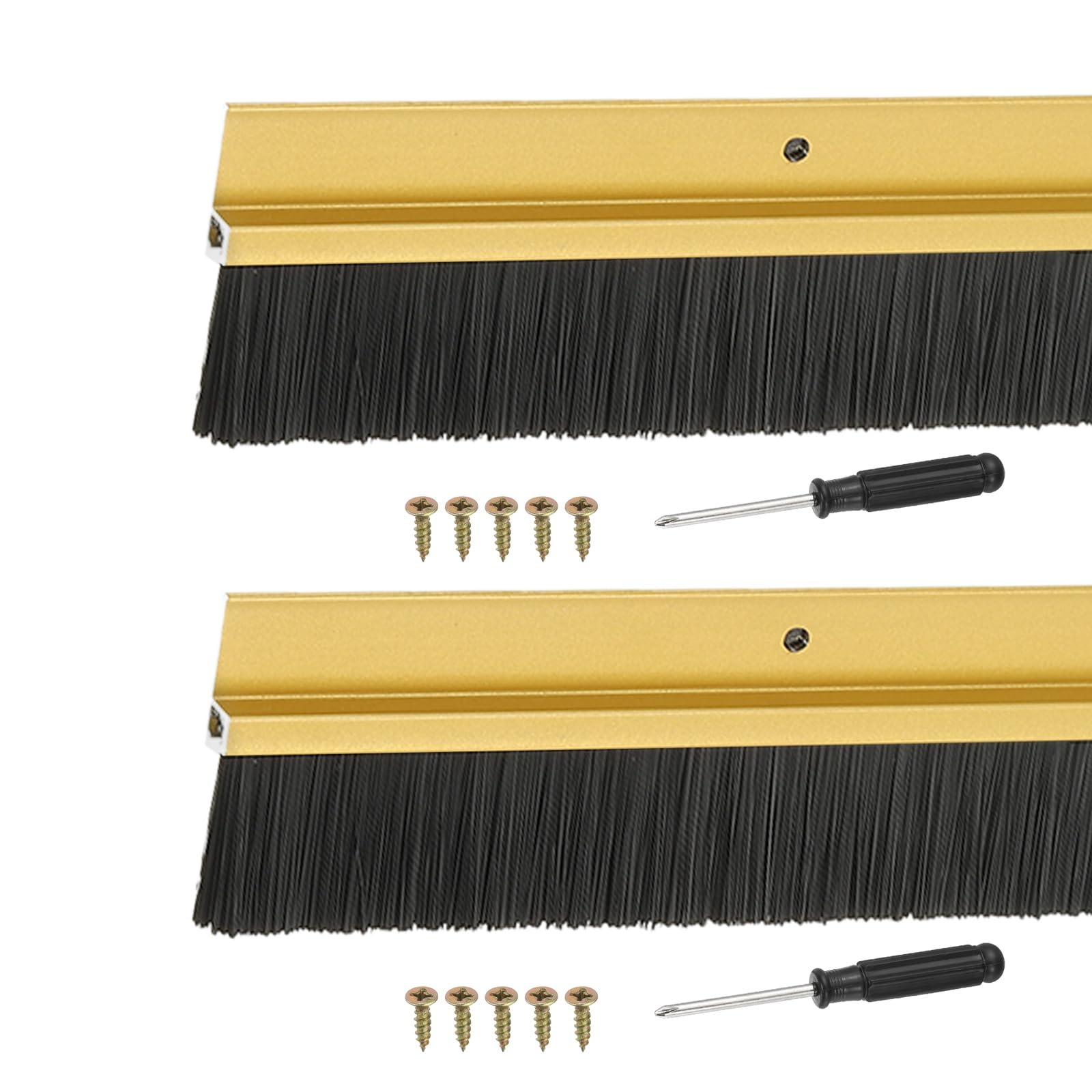 YELARXI Door Sweep Aluminum Alloy Brush Sweeps, 40mm Black PP Brush 1000 x 65mm Fit for Gaps of Door Bottom - H-Shape Holder (2 Pcs, Gold)