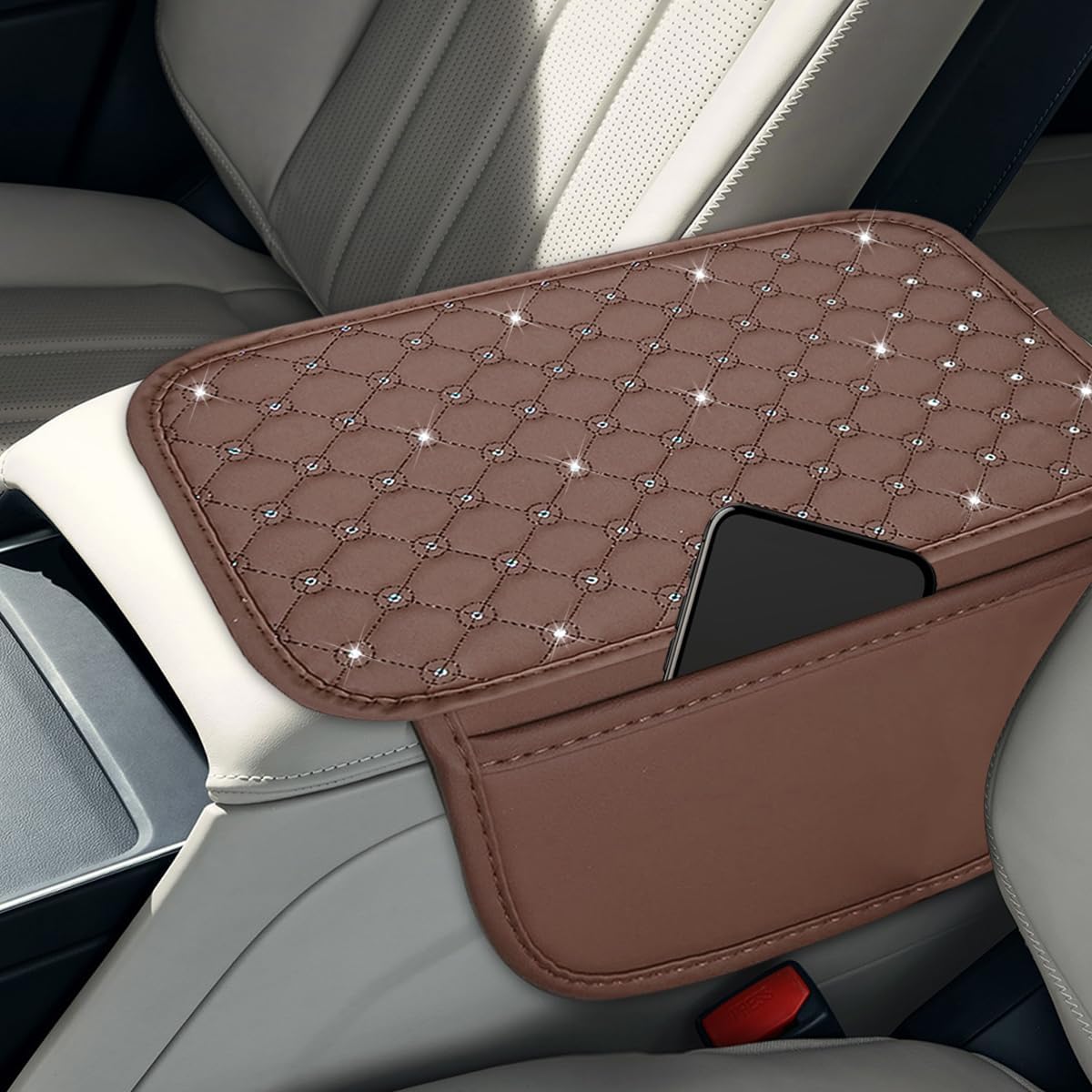 BESULEN Bling Car Center Console Cover, Leather Crystal Rhinestone Vehicle Middle Console Cushion Protector with 2 Storage Bags, Auto Interior Arm Rest Seat Box Decoration, Universal Fit (Coffee)