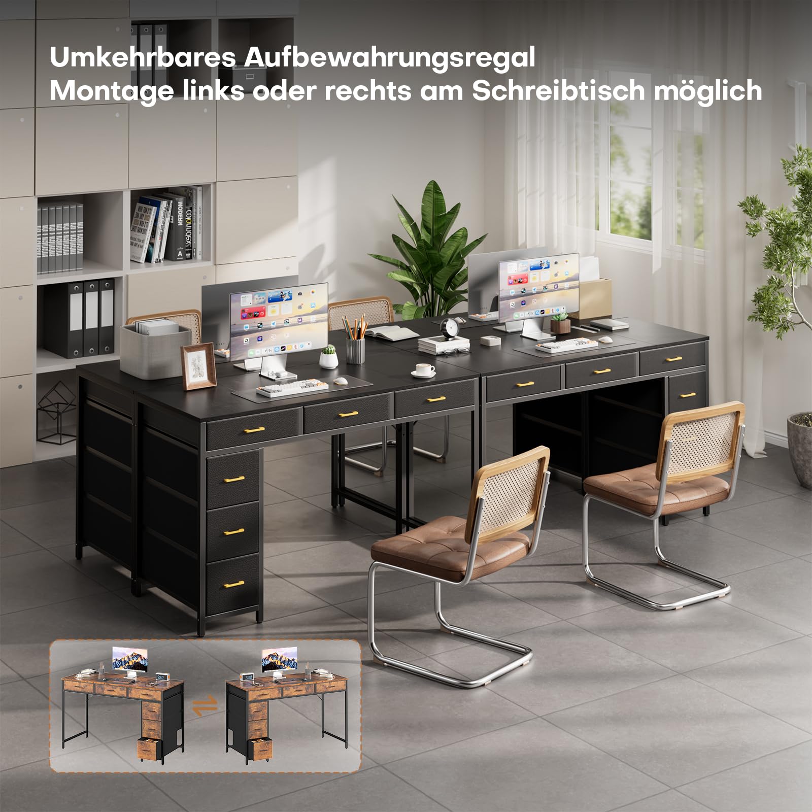 HLONONE Biurko z 6 szufladami materiałowymi, 120 cm odwracalne | Biurko komputerowe z miejscem do przechowywania, nowoczesny stół do biura, salonu i gabinetu, czarny