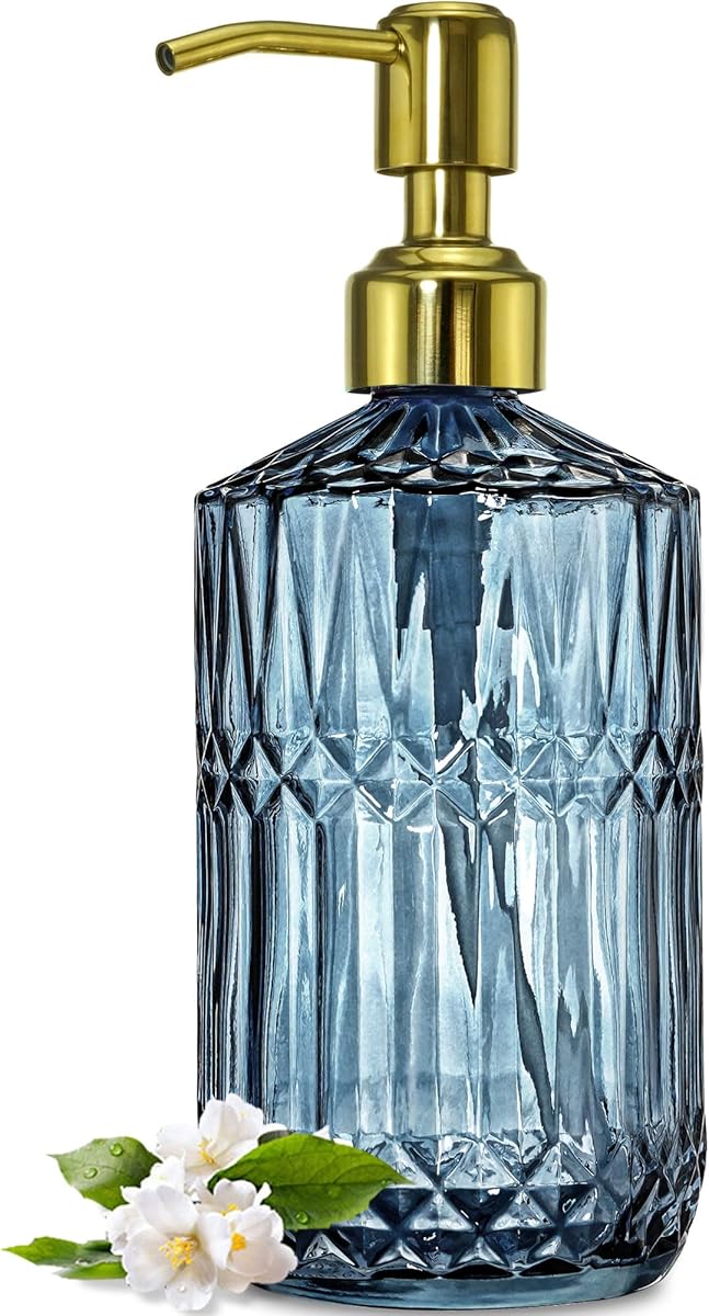 JASAI 18Oz Blue Glass Soap Dispenser with Golden Pump, Refillable Bathroom soap Dispenser with Thick Glass, Clear Kitchen Soap Dispenser for Dish Soap, Hand soap, Lotion.(Blue)