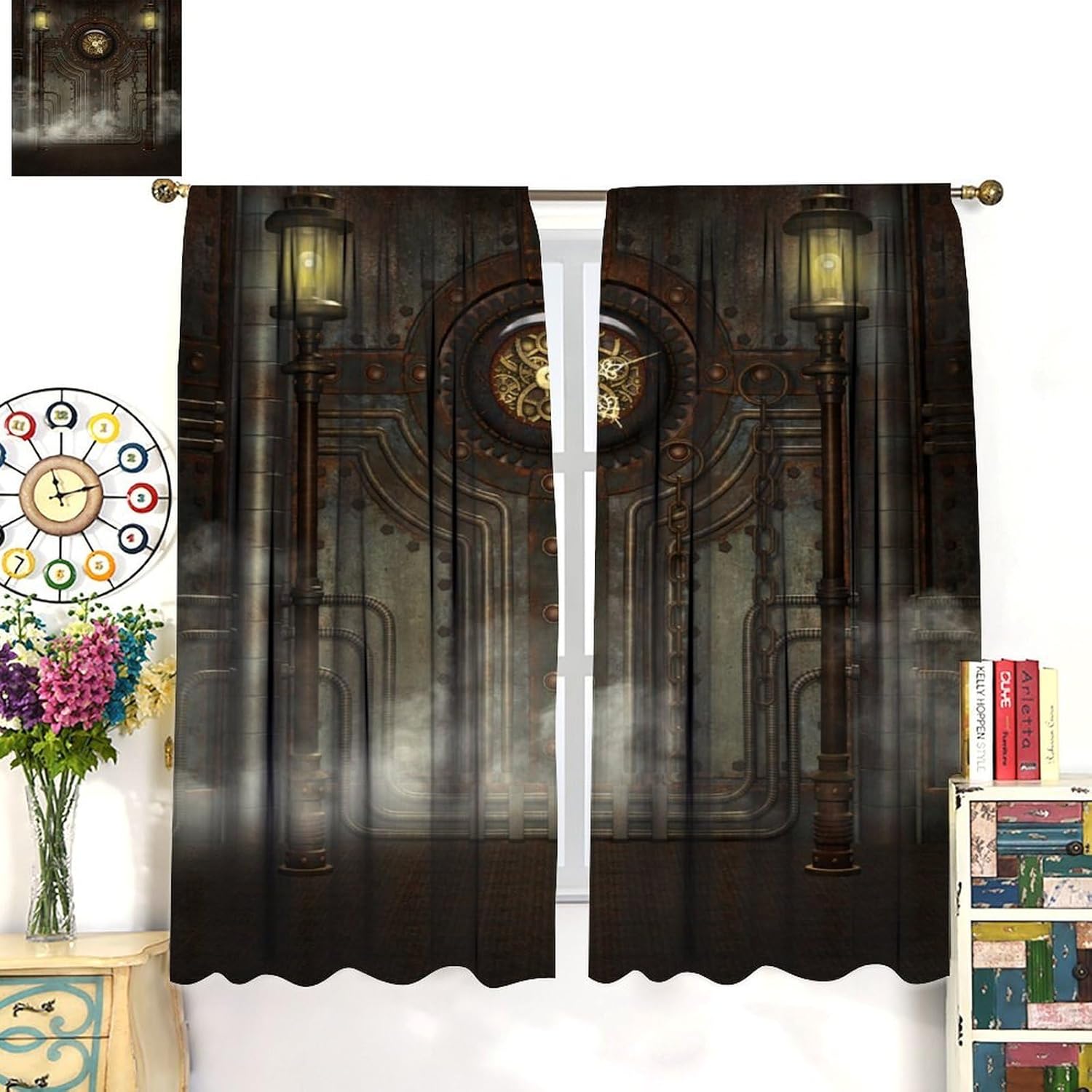 Retro Steampunk Curtains, Rusty Metal Wall Clock Metal Lamp Steam Pattern Blackout Window Treatments, Rod Pocket Thermal Insulated Drapes 2 Panel Sets for Bedroom Living Room Kitchen, 52" W X 84" L