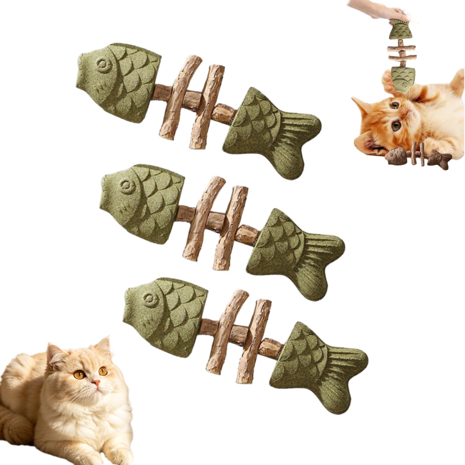 Sterling Whiskers Catnip & Silvervine Chew Fish 3 Pack, Catnip and Silvervine Chew, Fish Bone Shaped Chewing, Natural Dental Care Chewing for Cats (Catnip3)