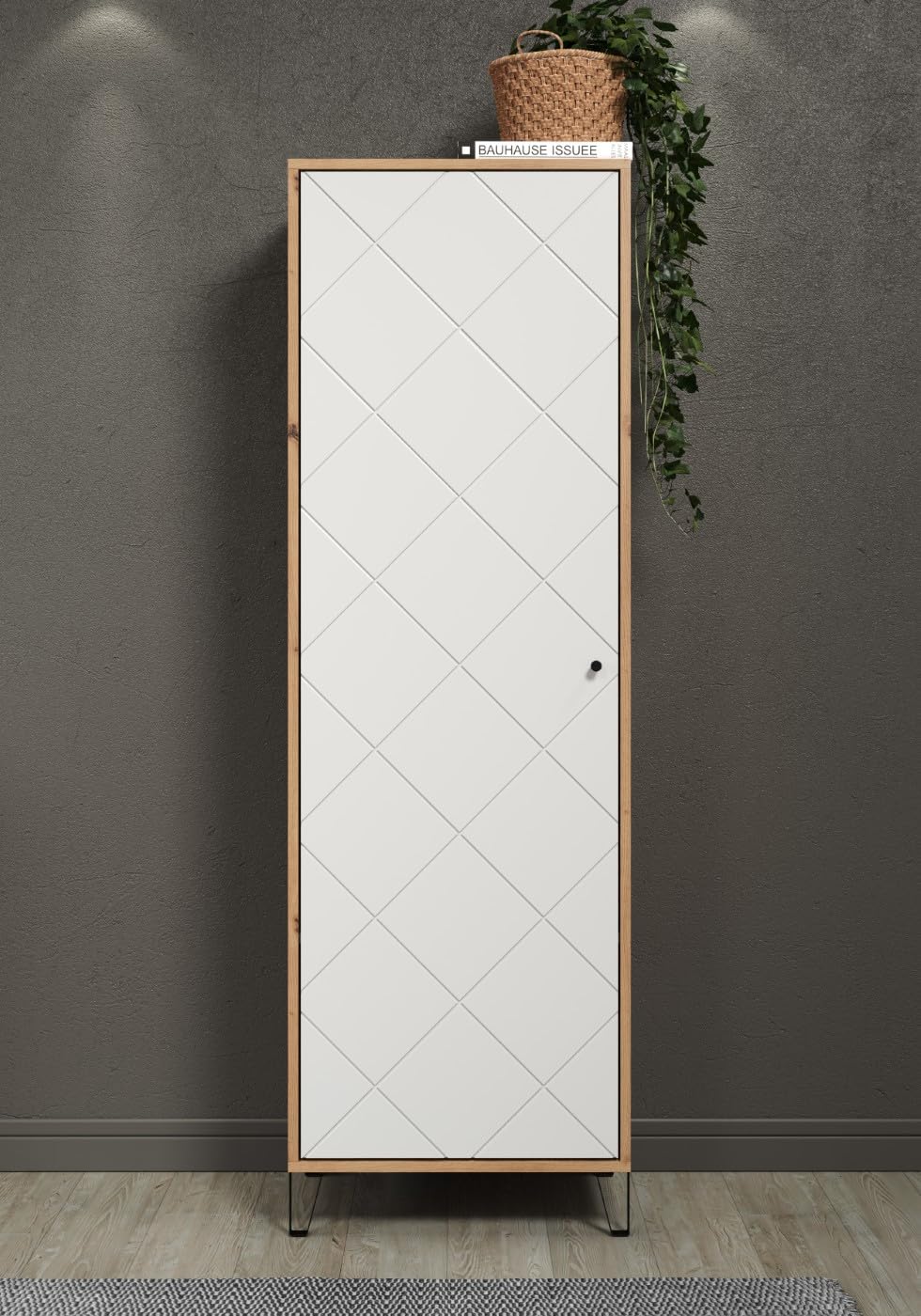 trendteam smart living - Touch - Garderobenschrank - Eiche/Weiß - Kleiderschrank mit ausziehbarer Kleiderstange - Soft-Close - Elegante Metallfüße - (BxHxT) 63 x 194 x 40 cm - Moderne Rautenfräsung