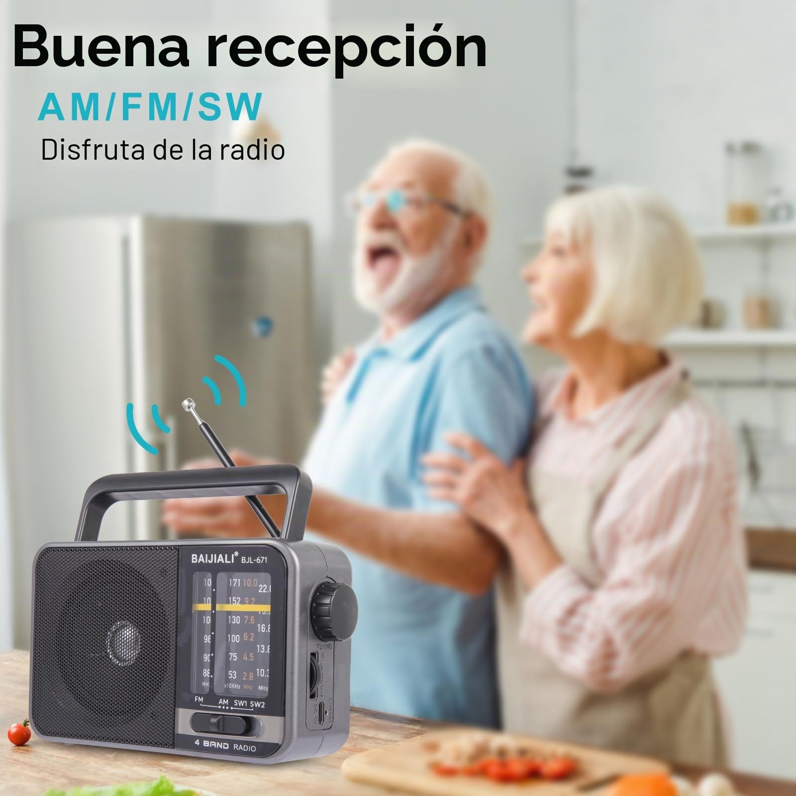 Radio transistor AM/FM portátil con altavoz, batería o USB | Radio de emergencia compacta para interiores, exteriores, viajes y tormentas (modelo BJL-671)