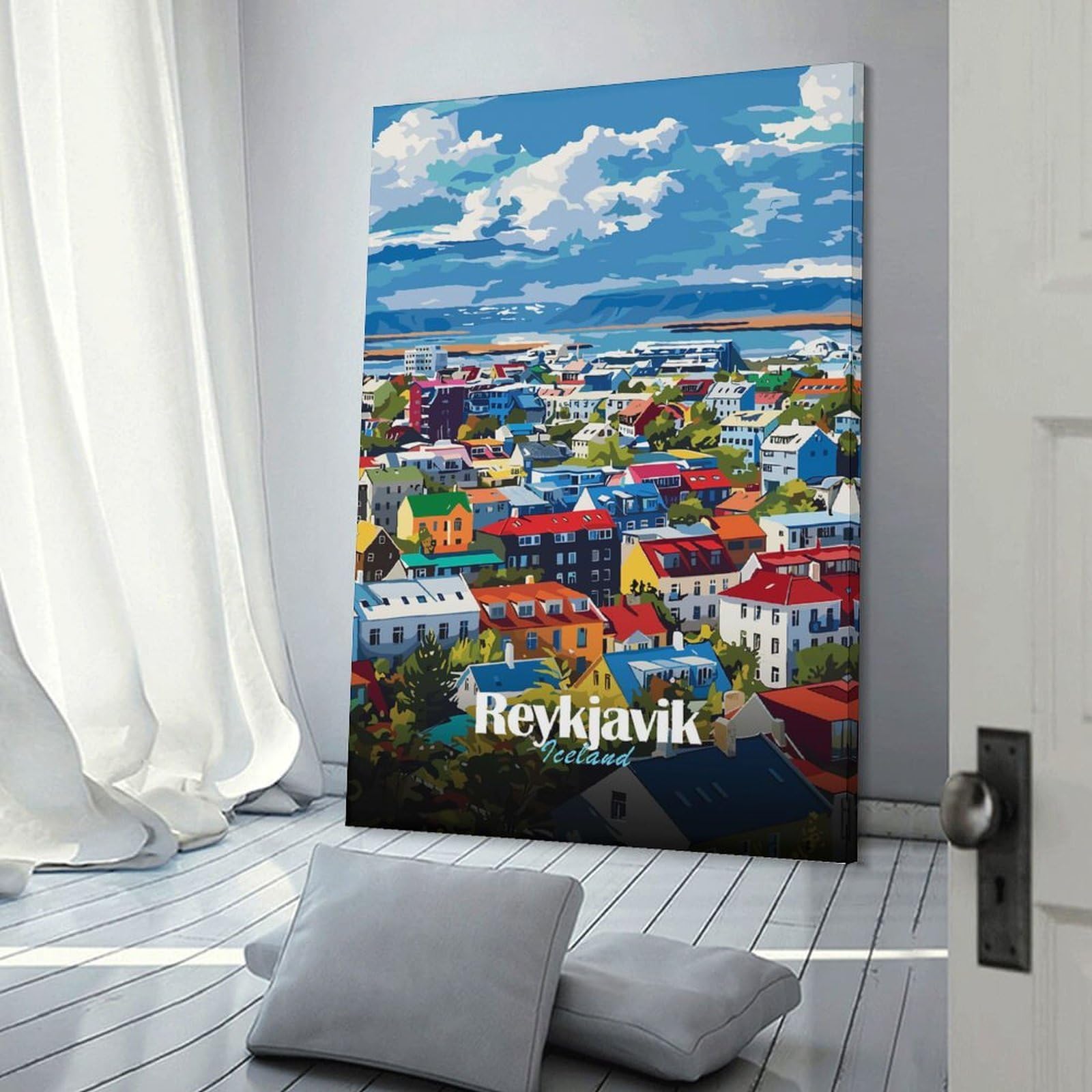 Junmoney Reykjavik, Iceland Cityscape Art Room Decor Wall Art 24x36inch(60x90cm), for Entrance Spaces, Stair Walls Or Halls, A Neat Decor Update for Hallways