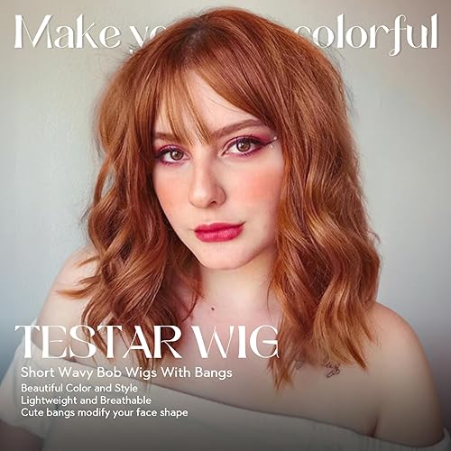 Miniatura 2 de testar Auburn - Pelucas de cobre con flequillo para mujer, pelucas cortas de color naranja y marrón, pelucas onduladas con flequillo, pelucas