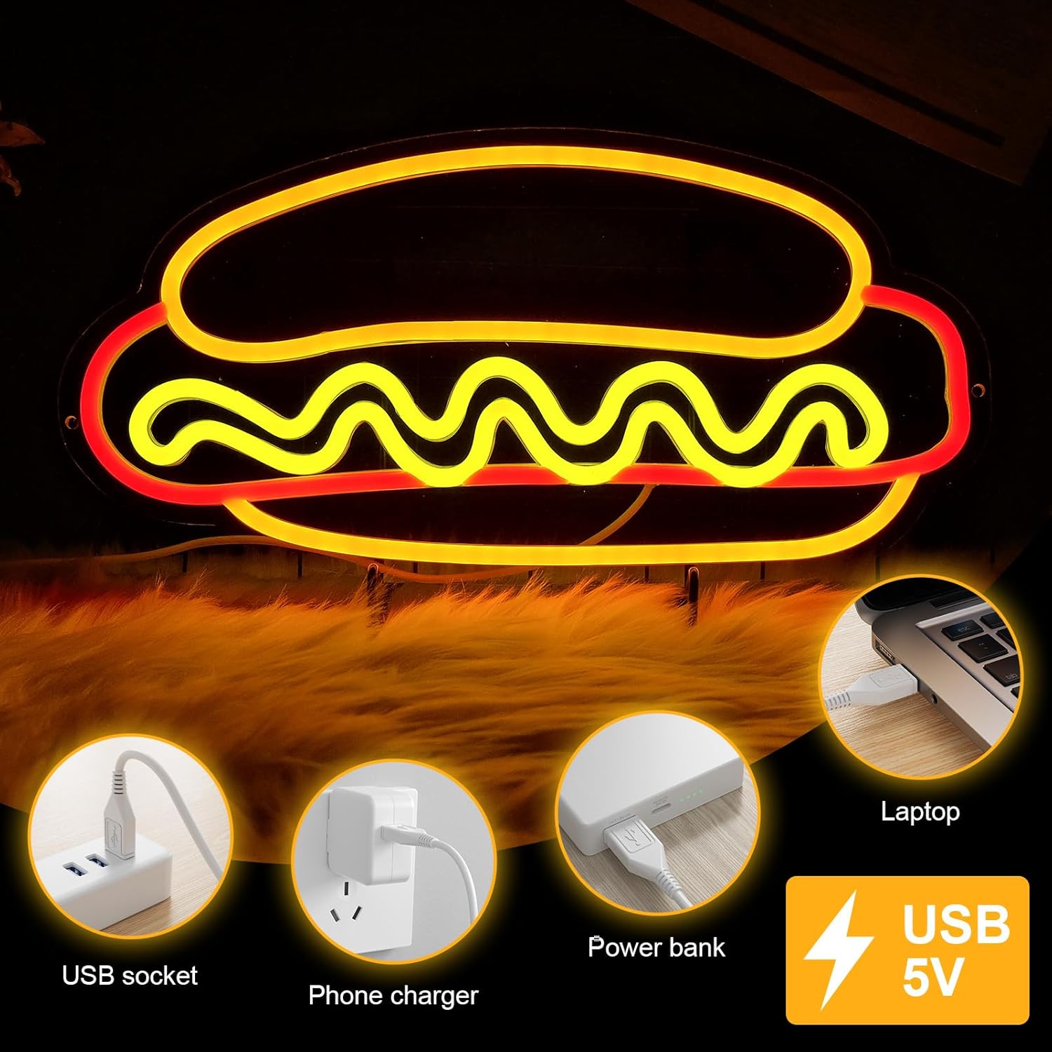 Hot Dogs Neon Sign for Wall Decor, Business LED Neon Light, Fast food Neon Light, hotdog Signs for Restaurant, Kitchen, Party, Hot Dog Lovers Food Decor, USB Powered, Size 12.5 * 11.4in