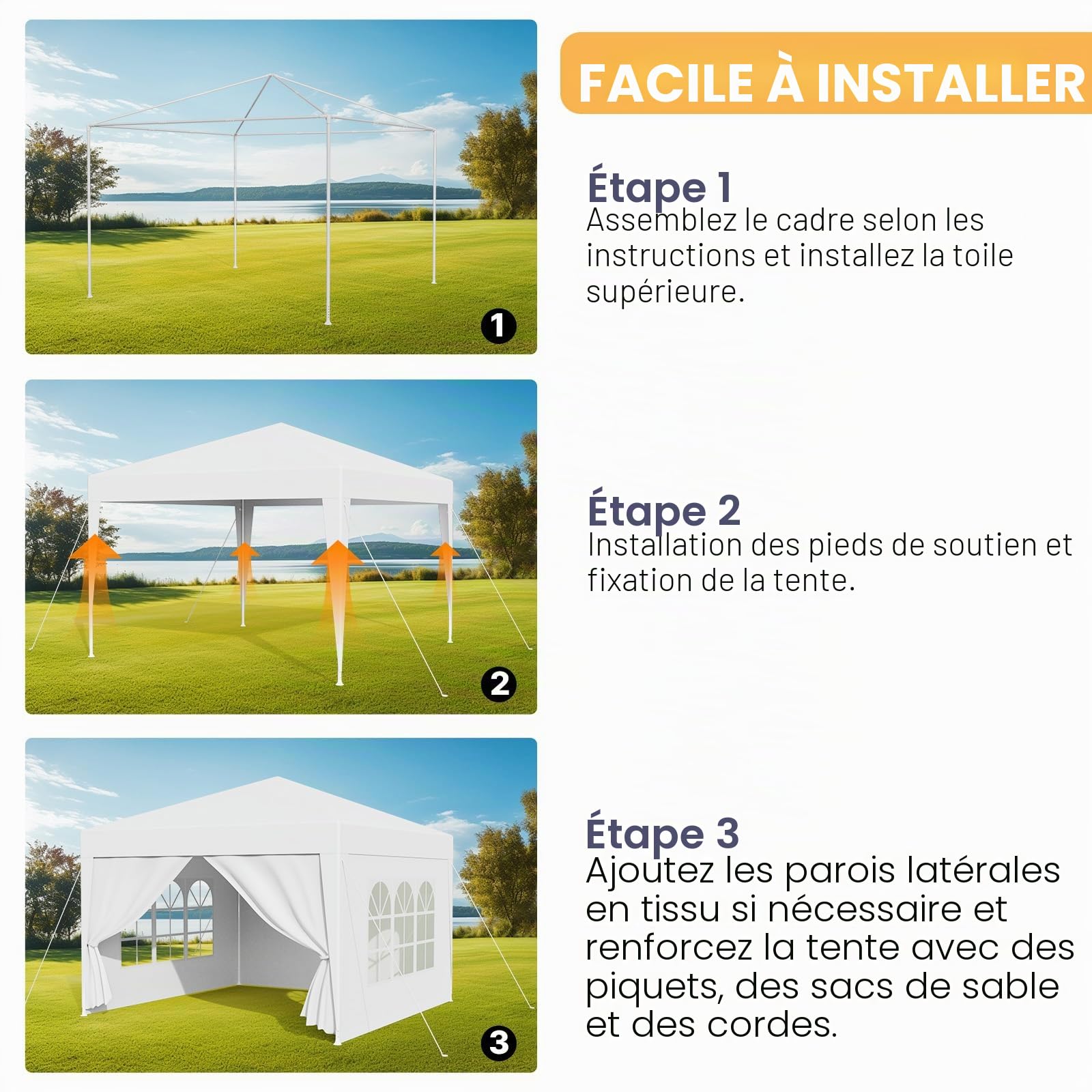 Tonnelle de Jardin Extérieur 3x6m Barnum Pliant Imperméable avec 4 Parois Latérales et Fenêtres,Robuste en Acier et Bâche PE, Idéale pour Camping, Fête, Réception, Marché (Blanc,3x6m)