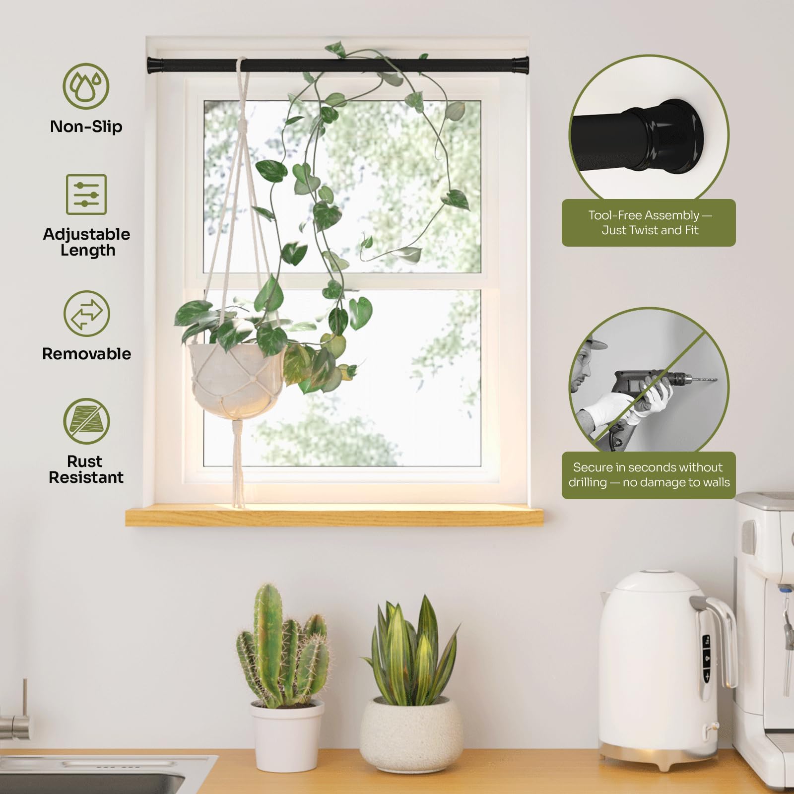 Amazon.com: Bamworld Window Plant Hanger Indoor Adjustable Hanging Planters  for Indoor Plants Spring Tension Rods 27''-51'' No Drilling Expandable Hanging  Plant Holder for Hanging Basket for Balcony Decor(Black) : Patio, Lawn &