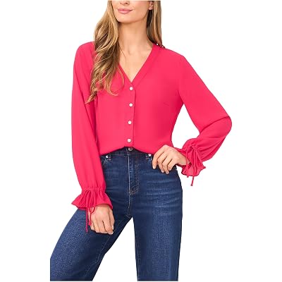 Рубашка CeCe V-Neck Button Front Long Sleeve Top ruby blush