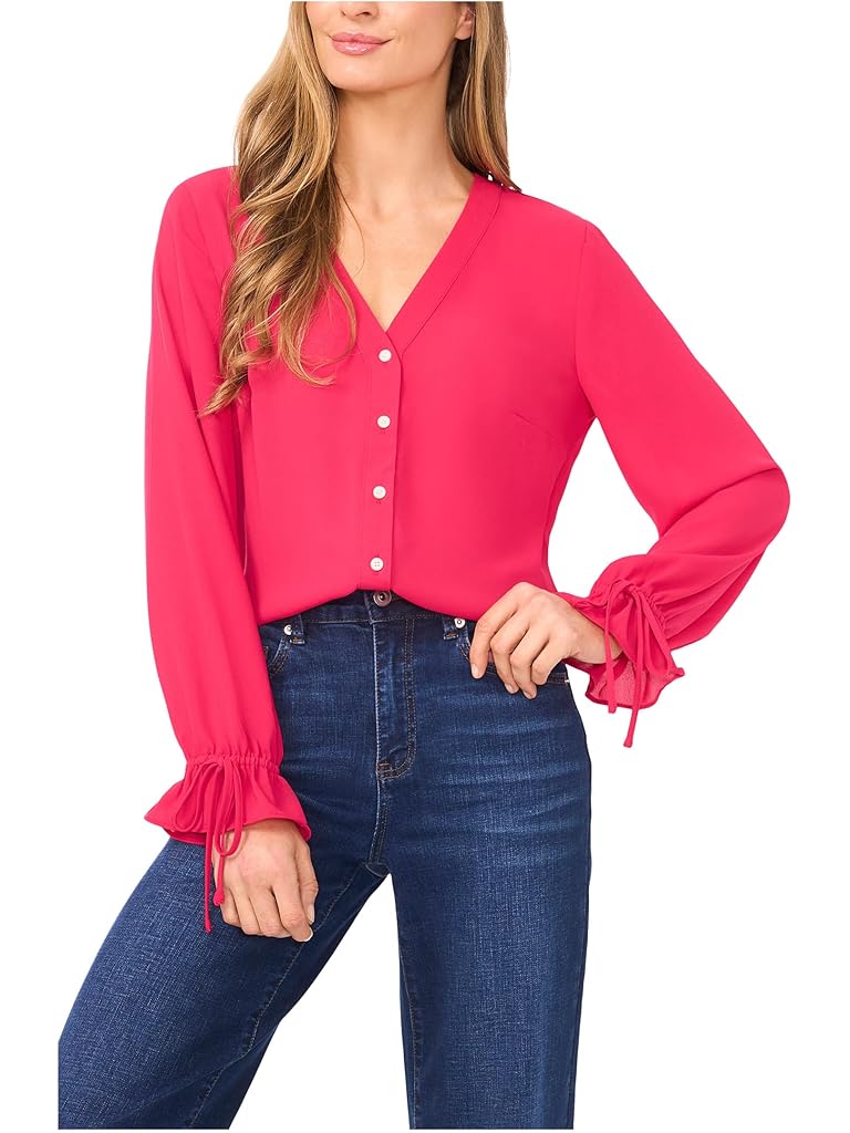 Pink CeCe V-Neck Button Front Long Sleeve Top