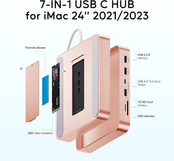 USB C HUB for iMac 24 inch 2021/2023/2024, 7 in 1 USB Hub Adapter iMac Accessories for iMac M1/M3/M4 with USB C/A SD/TF, Docking Station Support Expand M.2 SSD (NOT Included) - Orange