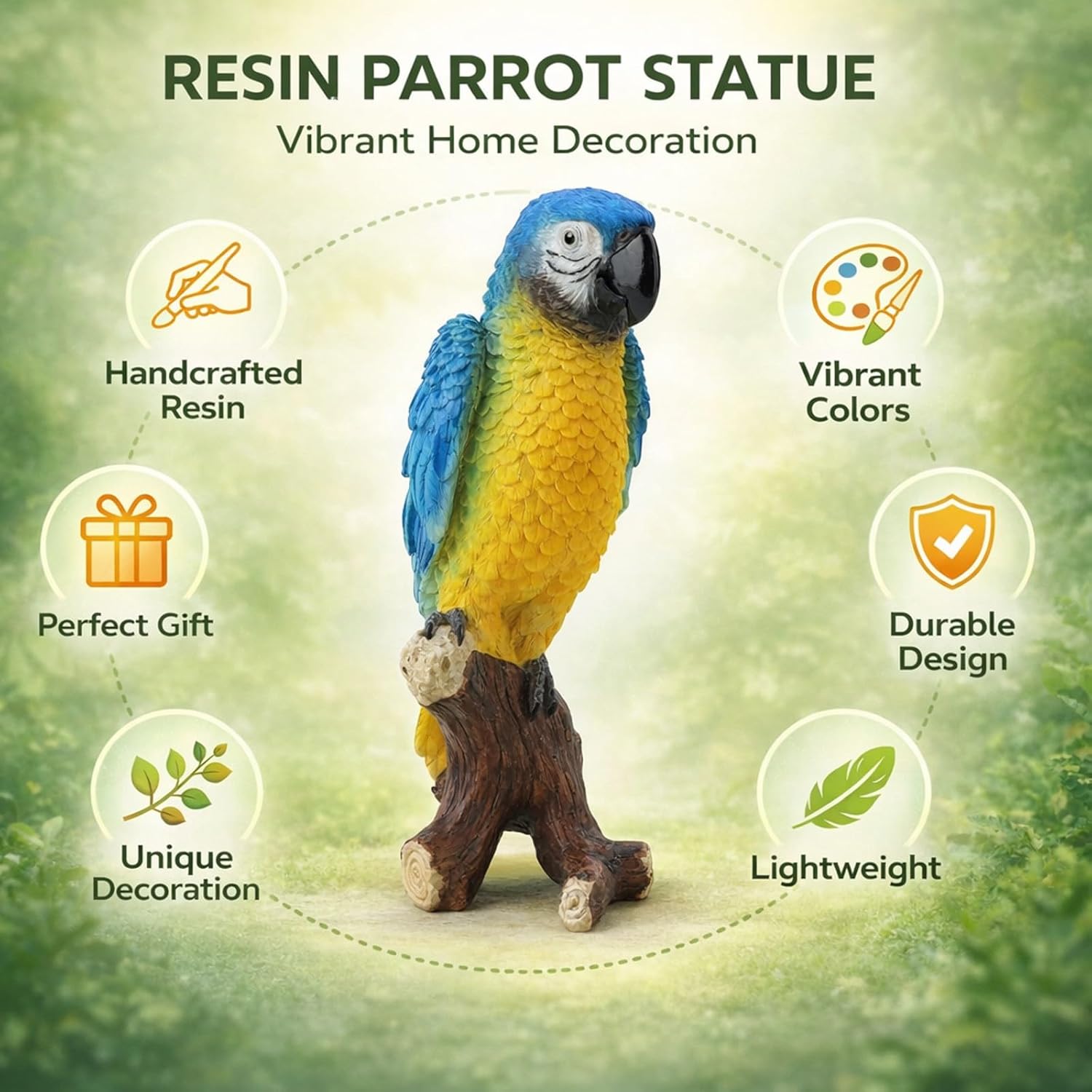 Resin Parrot Statue Medium Size Blue, Outdoor Lawn Ornament, Durable Weatherproof Sculpture - Realistic Colors, No Fading, Perfect Garden Decoration (Blue)