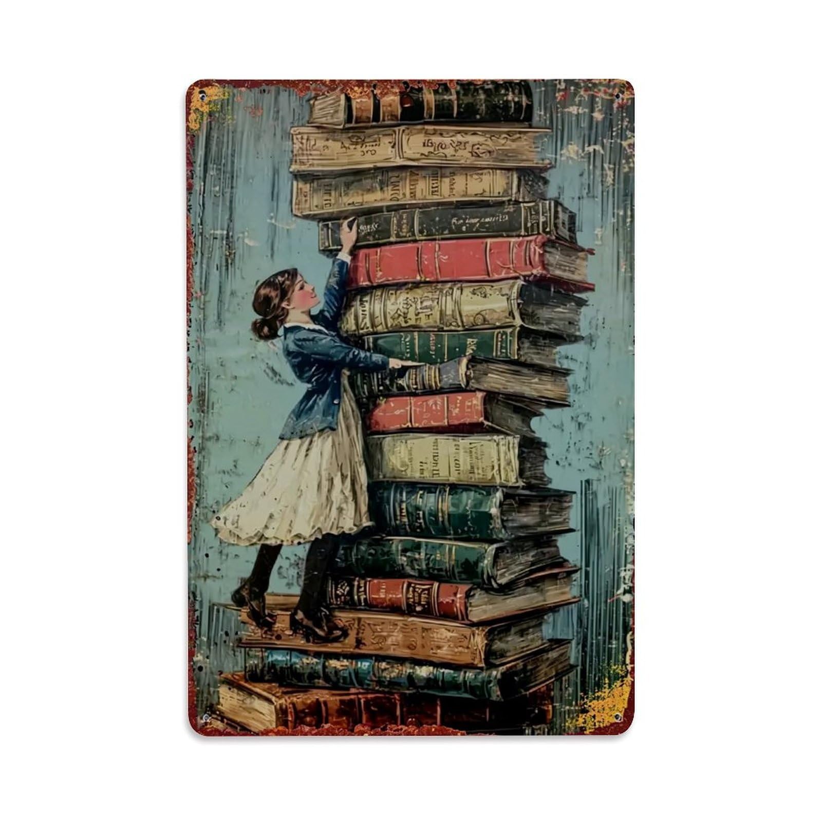 Jdfenggu Girls Vintage Book Stack Reading Retro Metal Tin Sign, Decor Art Poster For Bar, Home, Man Cave, Kitchen, Laundry Room Gift 8X12inch