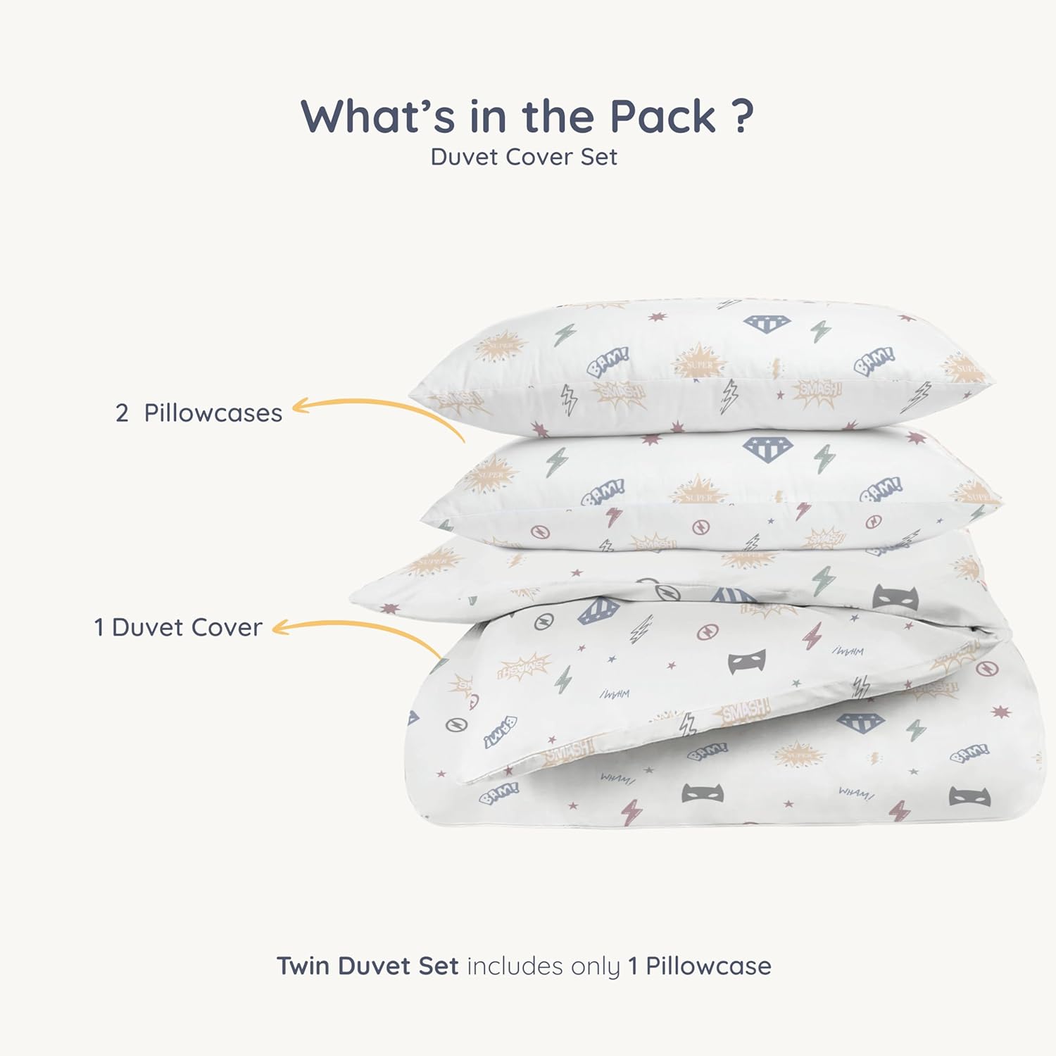 MakeMake Organics GOTS Certified Organic Cotton Full/Queen Duvet Cover Set (90" x 88") – Reversible, Soft, Breathable, Hypoallergenic – Includes 2 Pillowcases Superheros (20" x 30"), Mighty Heros