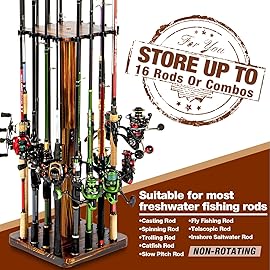Fishing Rod Holders for Garage 360 Degree Rotating Fishing Pole Rack, Floor Stand Holds up to 16 Rods Wood Fishing Gear Equipment Storage Organizer, Fishing Gifts for Men Women
