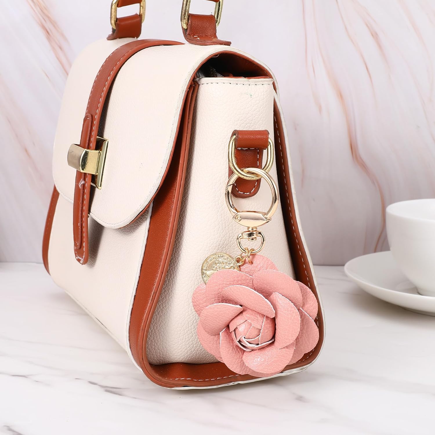Leather Flower Keychain Bag Charm Elegant Rose Shape Design Cute Floral Accessory for Purse, Bag, Backpack for Women Girls - Image 6