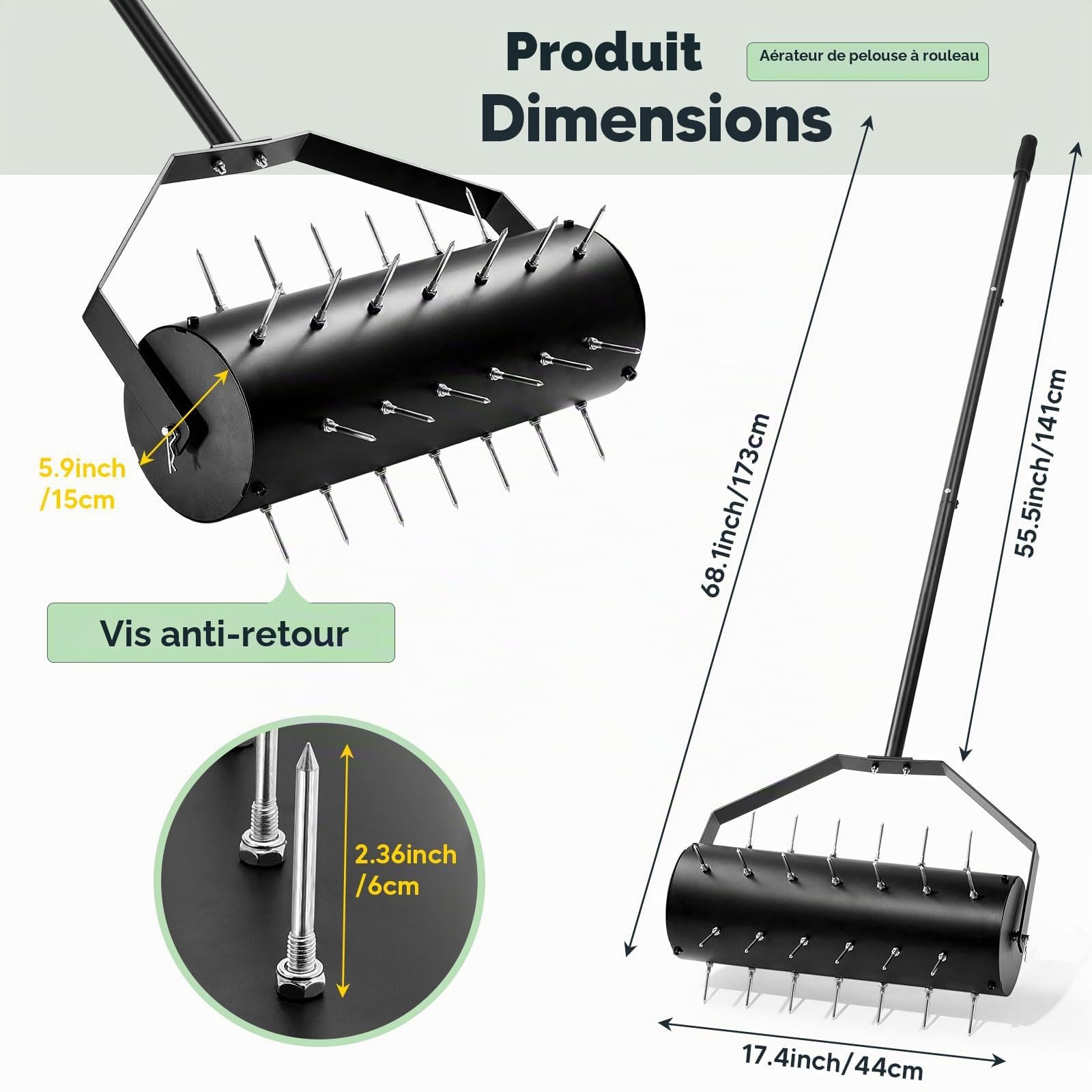 Aérateur de pelouse, manuel, aérateur de pelouse, rouleau de gazon avec 39 clous (6 cm) et manche, scarificateur manuel pour cours, surfaces de pelouse dans le jardin (44 cm x 141 cm/93,5 cm)