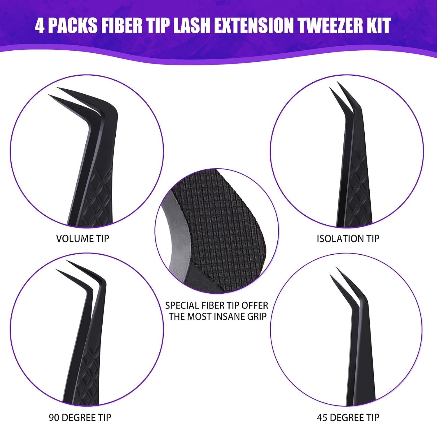 Fiber Tip Lash Tweezers for Eyelash Extension, High Precision Eyelash Tweezer Set with Diamond Grip, Lash Extension Tweezer Kit for Classic & Volume Lashes, Must-Have Tweezers for Lash Artists