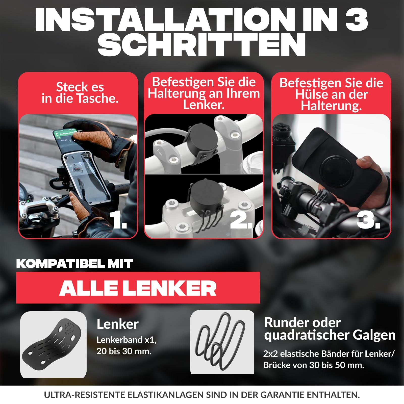 Shapeheart Motorrad-Handyhalterung mit Abnehmbarer Weatherproof-Hülle | Für alle Handys | Lenker 20–50 mm | Schnell befestigen & abnehmen | Touchscreen | Dämpft Vibrationen | GPS, Roller, E-Scooter