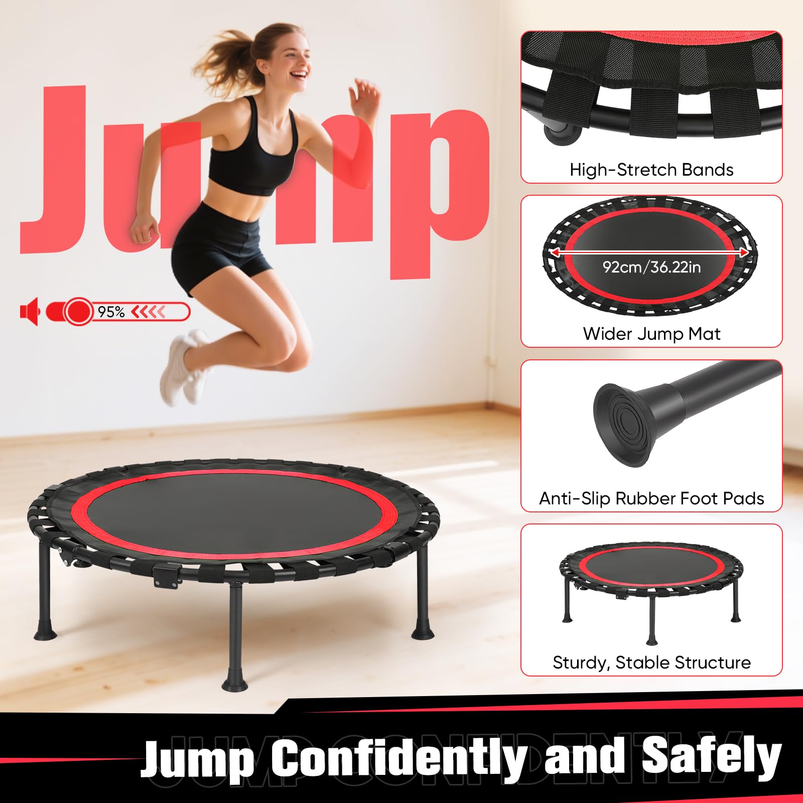 Trampolini da fitness, mini trampolino da 101 cm, capacità di carico 200 kg, trampolino elastico portatile per esercizi con maniglia in schiuma regolabile (Rosso)