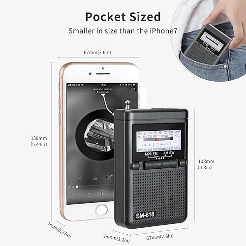 Miniatura 5 de Radio de bolsillo personal AM FM SW portátil, radio de transistor Walkman de onda corta con la mejor recepción, compatible con tarjeta TF USB,