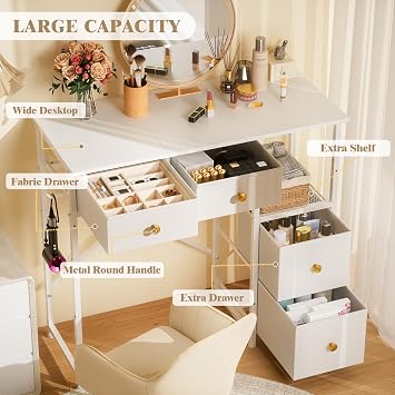 3IngSeagulls White Vanity Desk Without Mirror, Small Makeup Desk with 4 Fabric Drawers, 33.5 Inches Dressing Table with Storage, Vanity Table for Bedroom with Hook, White