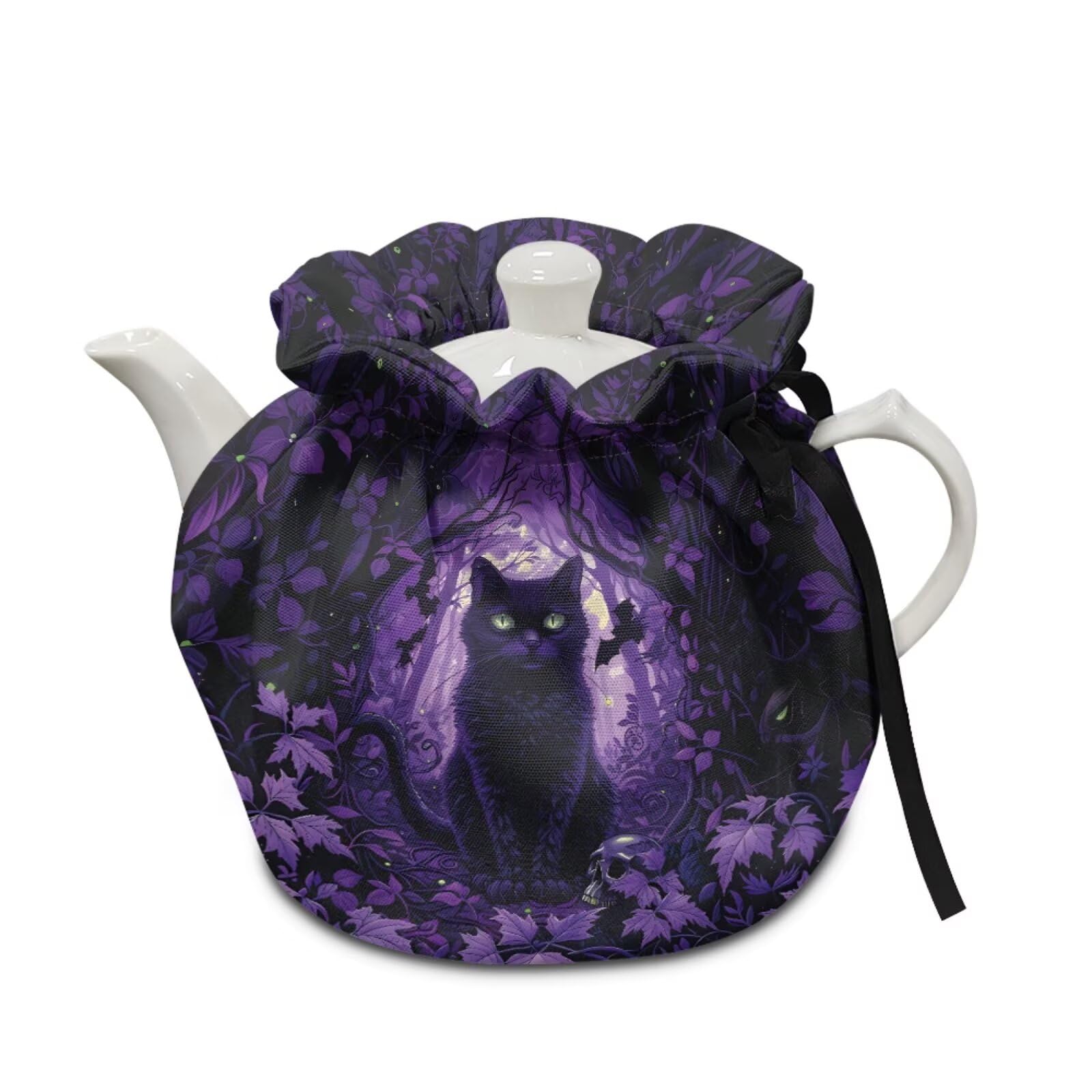 Halloween Tea Cozy Cover Insulated Dust Cover for Teapot Black Cat Tea Pot Covers for Keeping Warm Kettle Protector Washable Portable Kitchen Decoration