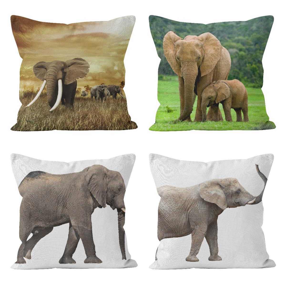 Housses de coussin 50x50cm lin jute éléphant vintage | CEVAN 4Pcs