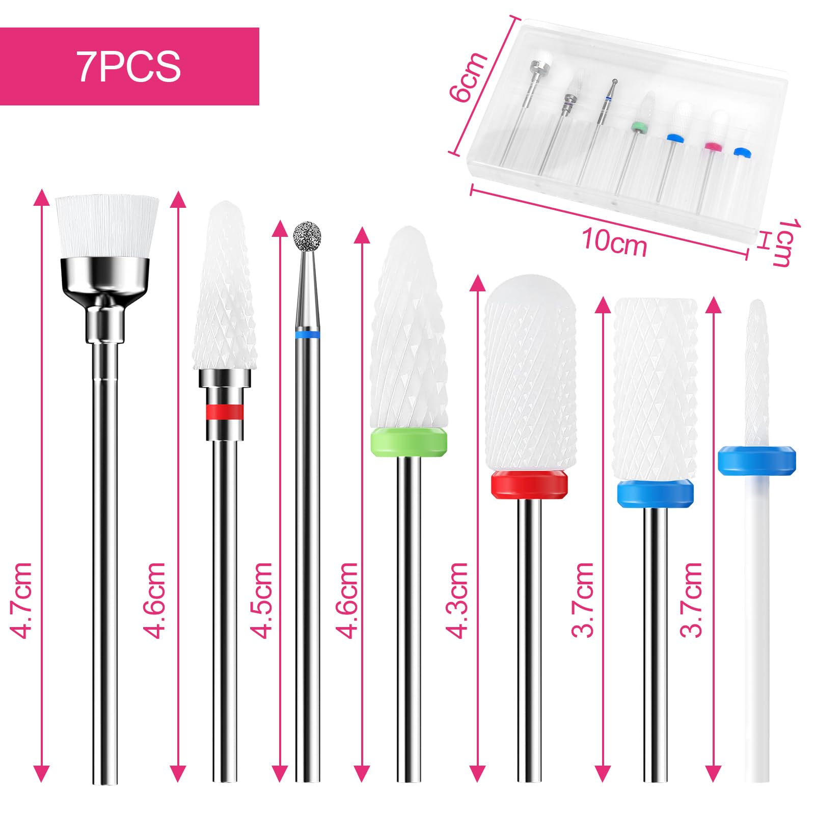 Traxenta Set di 7 Punte Fresa Unghie Ceramica Professionale, Punta da Trapano 3/32 Pollici per Unghie Ideali per Rimuovere Gel, Acrilico, Cuticola, Strumenti per Manicure e Pedicure Uso di Casa