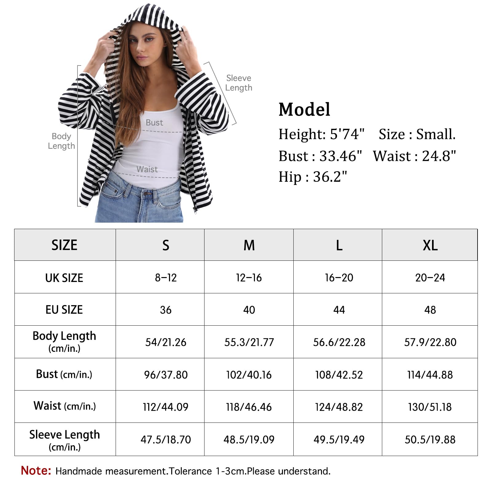 Amazhiyu Felpe con cappuccio a righe da donna UK, giacca oversize a maniche lunghe con cerniera intera, abbigliamento primaverile con cappuccio a righe S-XL