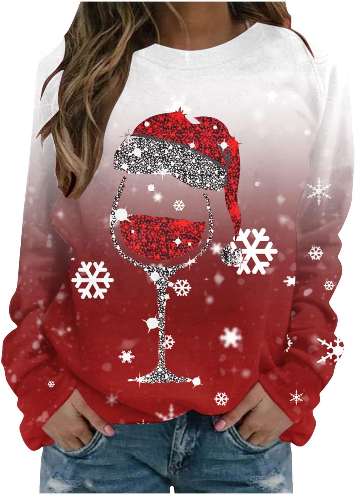 GenericLong Sleeve Christmas Sweaters for Women Red Patchwork Sparkly Rhinestone Santa Wine Glass Graphic Cute Tshirts Top
