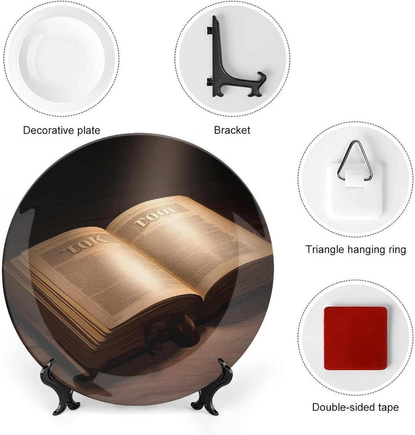 The Book Ceramic Decorative Plate for Home, Bone China Plates | Chinese Style Decorative Dish with Stand, Dinner Plates Art Crafts for Wall Decor, Collections Plate with Hook 10inch