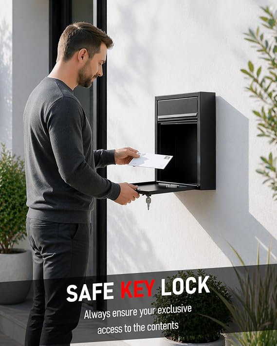 Uniclife Wall Mount Mailbox for Outside, Locking Mail Box, Black