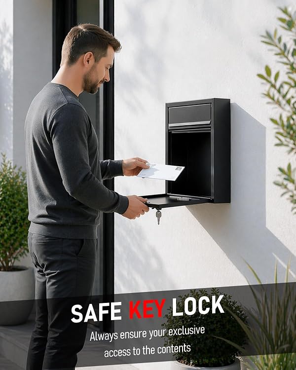 Uniclife Wall Mount Mailbox for Outside, Locking Mail Box, Large Mailbox with Key Lock, Security Mail Box for House, Safe Key Drop Box, Post Box, Steel Cash Drop Box for Home Office School, Black by Uniclife - Image 2