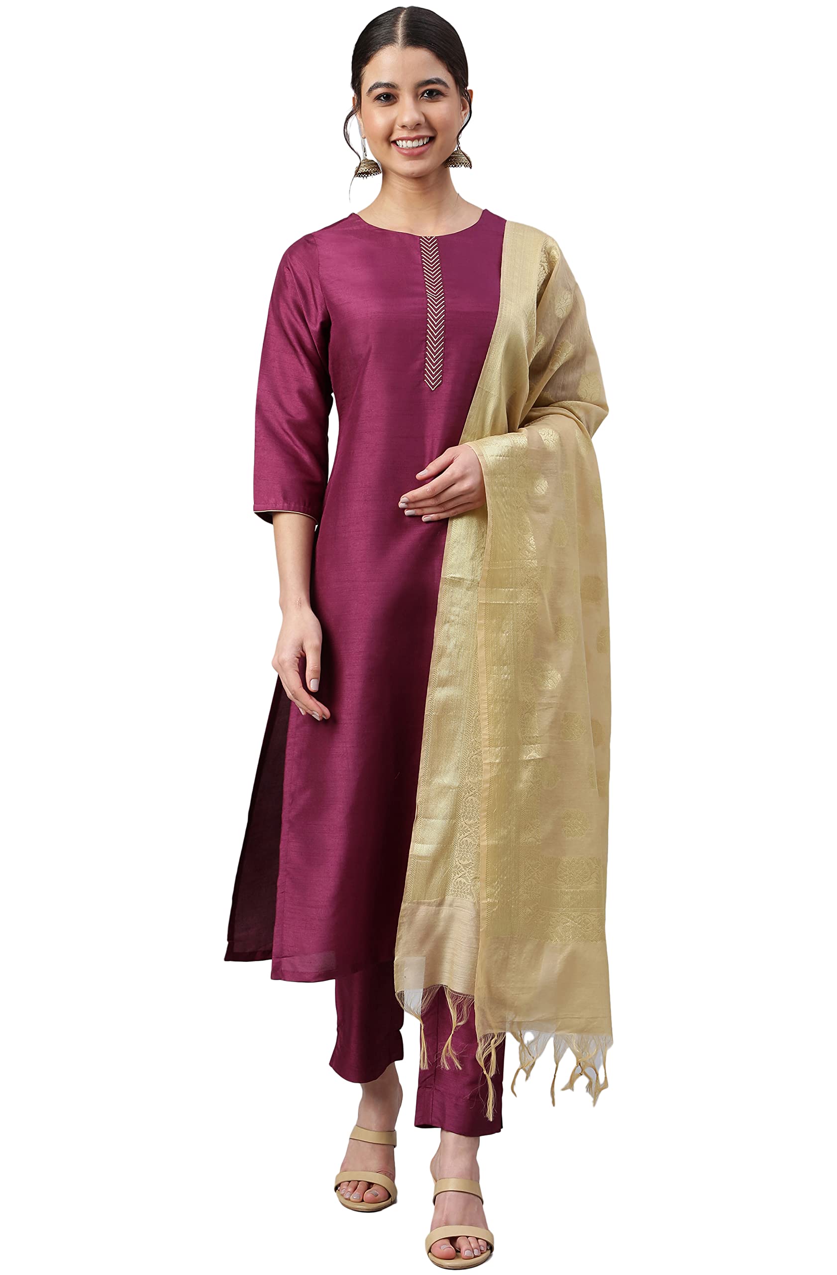 Janasya Indian Women's Wine Poly Silk Embellished Kurta with Pant and Dupatta