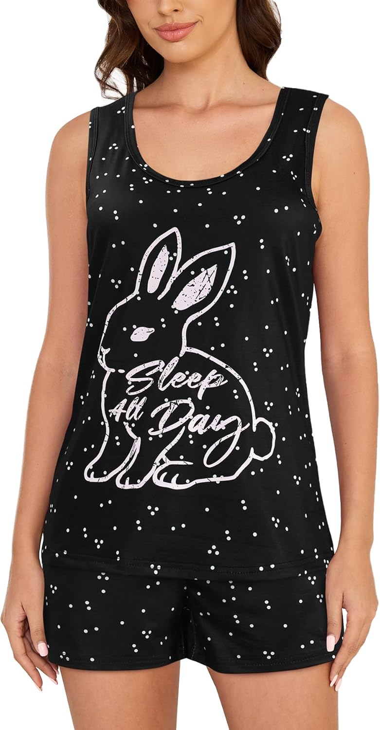 HONG HUI Womens Pajama Sets Sleeveless Tank Top and Shorts Pj Set Sleepwear,S-XXL