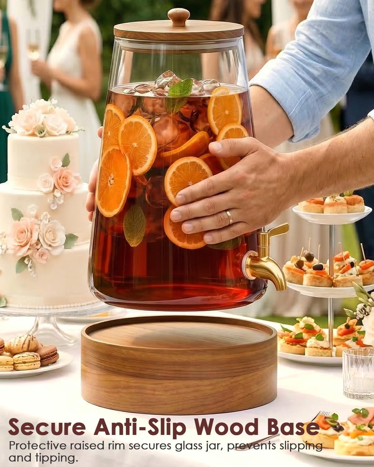 2.0 Gallon Glass Beverage Dispenser with Wood Stand - No Assembly Required Leakproof Drink Dispenser with Gold Spigot, Tapered Pitcher for Lemonade, Sangria, Punch, Tea - Party & Wedding