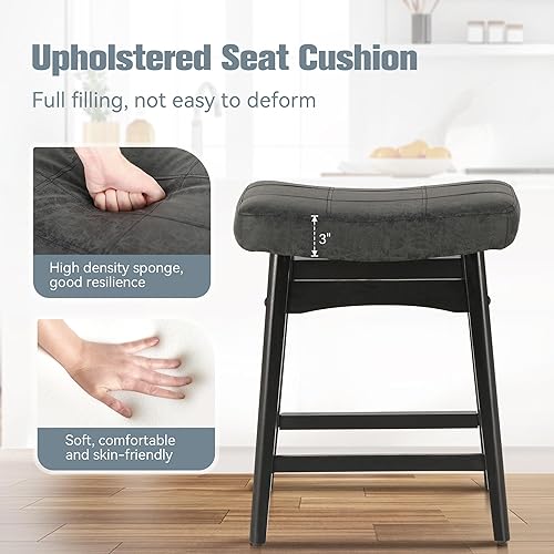 Miniatura 6 de Juego de 2 taburetes de bar de madera maciza color negro para taburetes de bar de altura de encimera de cocina con asiento de silla de montar de