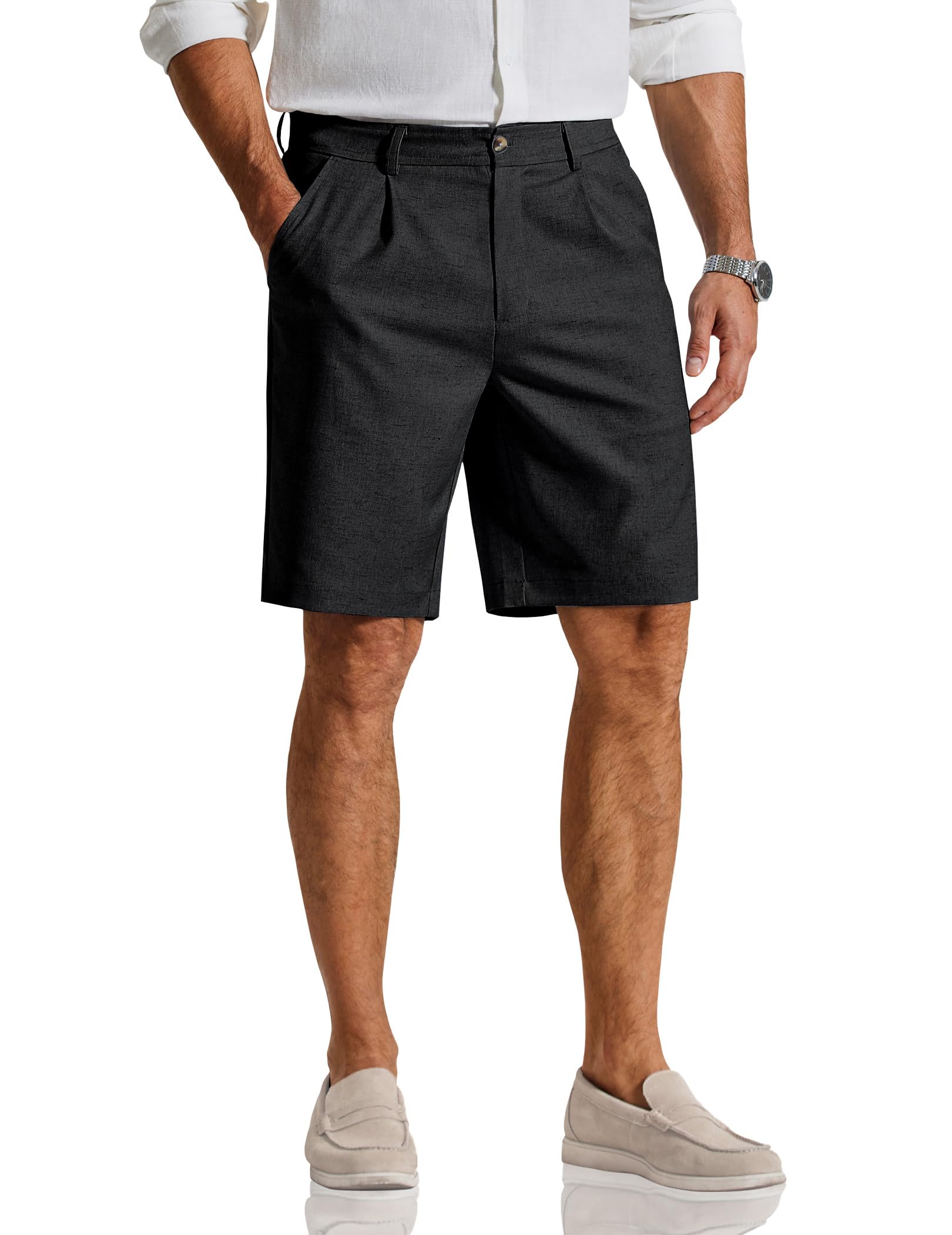 COOFANDY Men's Casual Shorts Pleated Front 9" Linen Textured Dress Shorts