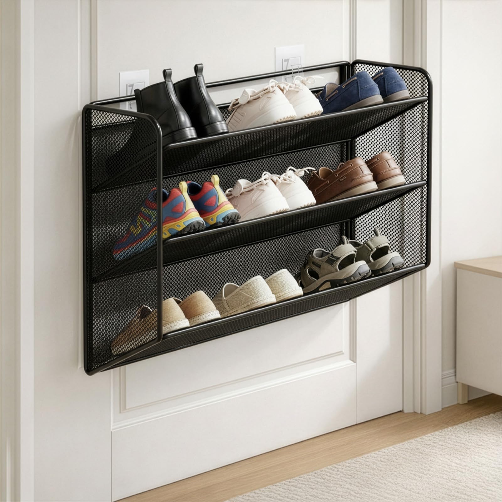Wall-Mounted 3 Tier Shoe Rack for Home Multi-Layer Shoe Holder Shoe Cabinet for Bathroom Door over the Door Hanging Hook Shoe Rack Shelf Organiser Stand Space Saving Fixed Holder (Black)