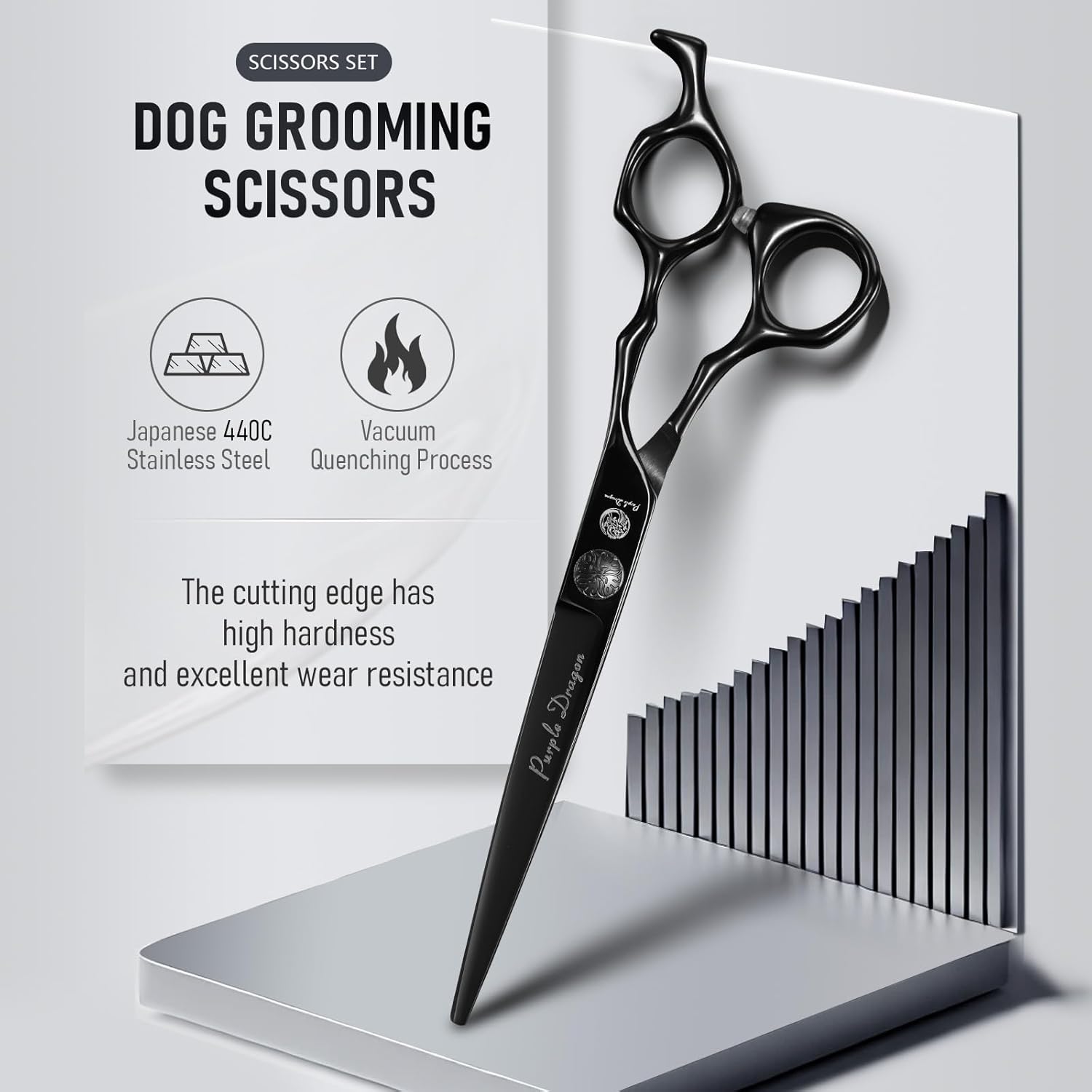 Purple Dragon Dog Grooming Scissors Set - Curved Chunkers, Straight, Up & Down Curved Scissors and Comb, 7 Inch Black Shears with Adjustable Screw for Dogs and Cats