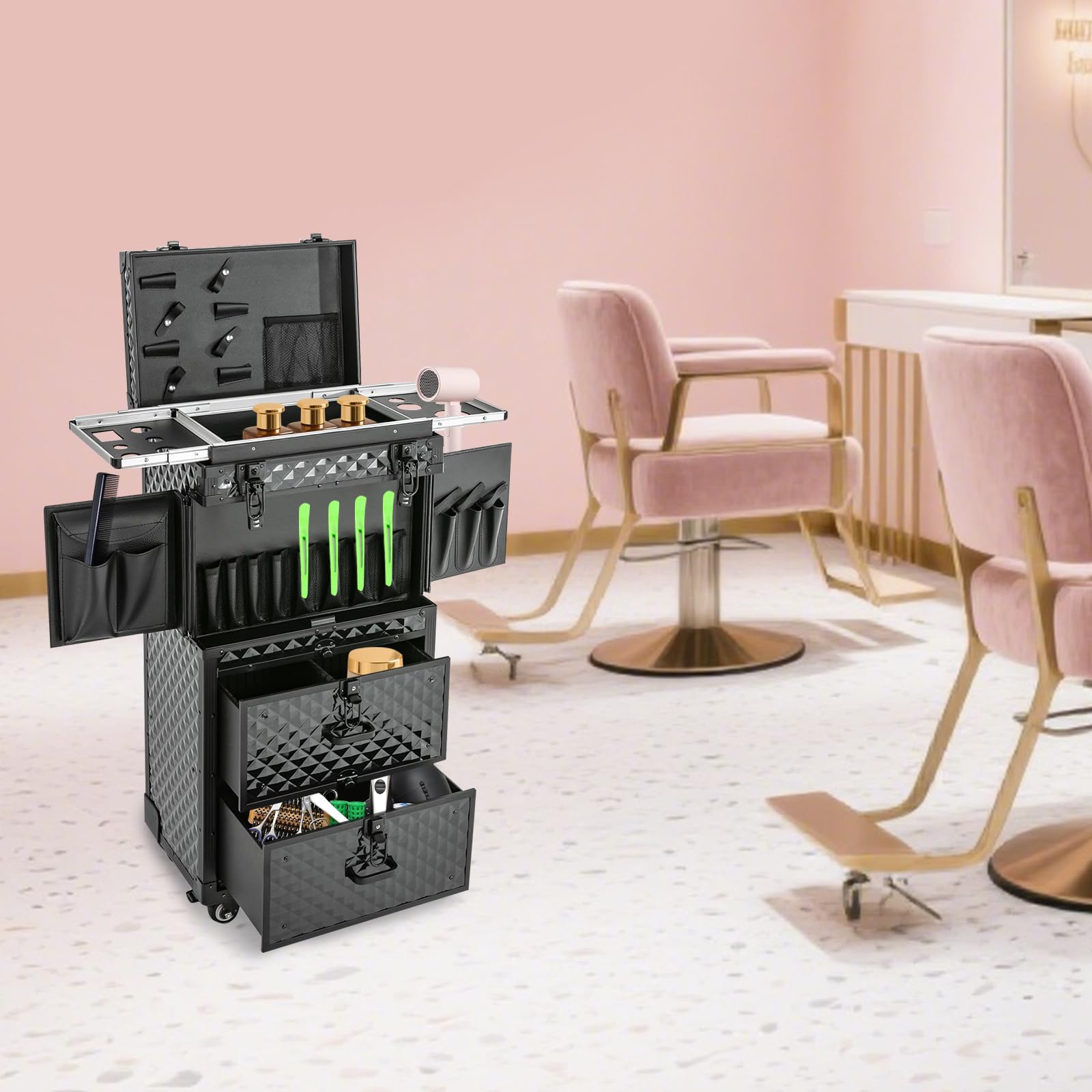 Kosmetikkoffer Trolley XXL, Friseurkoffer mit Rollen & Schubladen, Profi Make Up Koffer Abschließbar, Aluminium Beauty Case Mehrteilig für Visagist, Nageldesign & Stylist, Schwarz