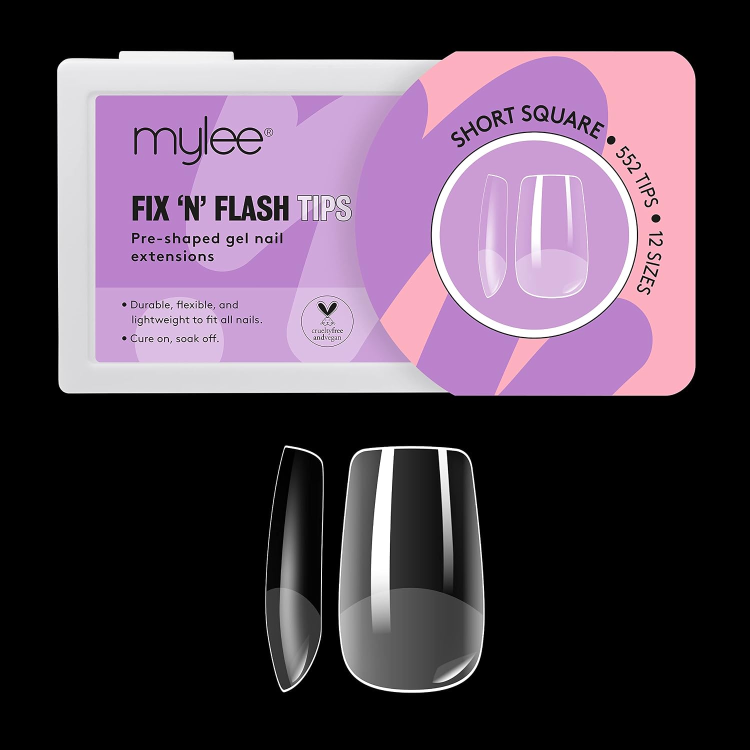 Mylee Fix N Flash Soft Gel Tips - Short Square - 552PCS, Full Cover Soft Gel Nail Tips, Nail Art Gel Nail Extensions, Flexible & Resistant, 12 Different Sizes, Fit All Nails