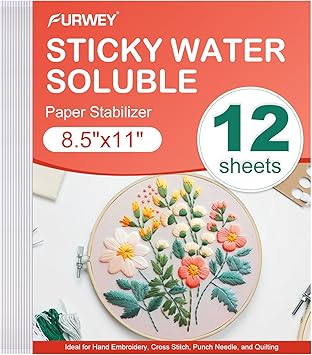 FURWEY 12PCS 8.5"x11" Wash Away Embroidery Stabilizer Self Adhesive & Printable, Water Soluble Paper for Hand and Machine Use