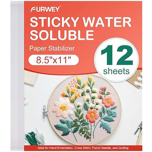 FURWEY 12PCS Printable Water Soluble Embroidery Stabilizer 8.5"x11" Self Adhesive