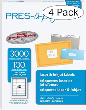 PRES-a-ply Laser Address Labels, 1 x 2-5/8, White, 3000/Box Pack of 4