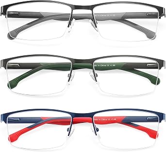 MODFANS 3-Pack Reading Glasses Men (Blue Light Blocking) Metal Frame Rectangle Style Stainless Steel Material Readers Glasses
